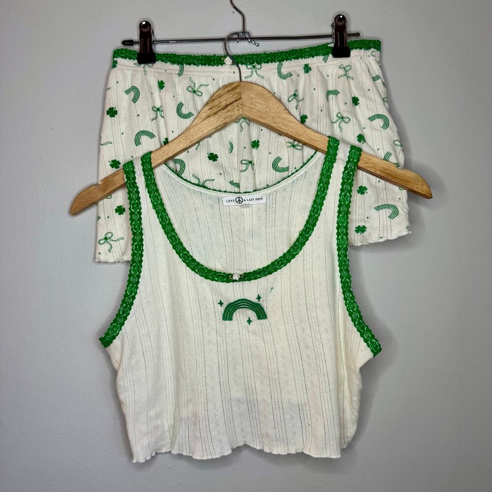 Love Peace & Lazy Days Cotton Bow Pointelle Pajama Set Crop Tank Shorts XL